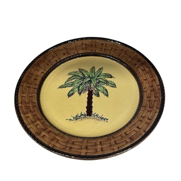 Pacific Rim Decorative Plate Round 10 3/4" Hand Painted Palm Tree Basket Weave - Picture 7 of 9